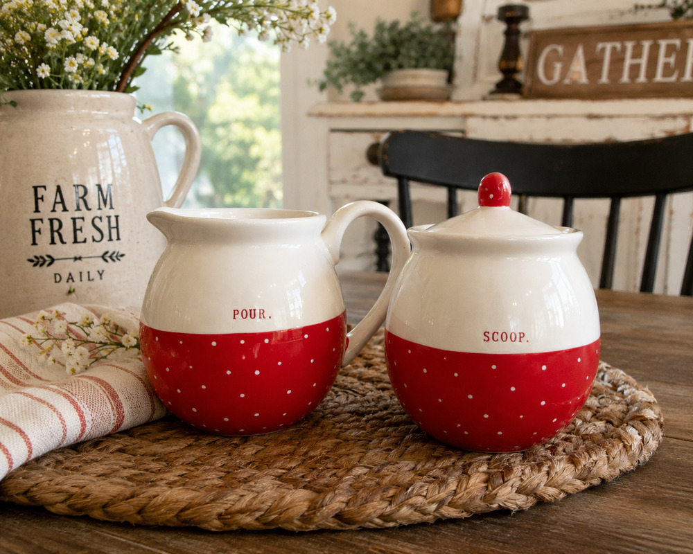 Rae Dunn Red Polka Dot POUR Creamer SCOOP Sugar Bowl Set of 2 Farmhouse Ceramic